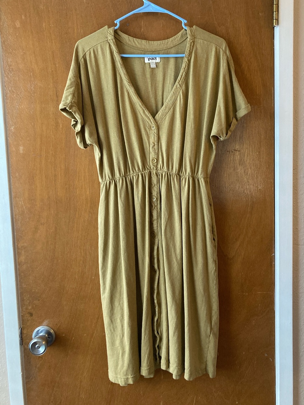 Pact Olive Green Button-Front V-Neck Midi Dress